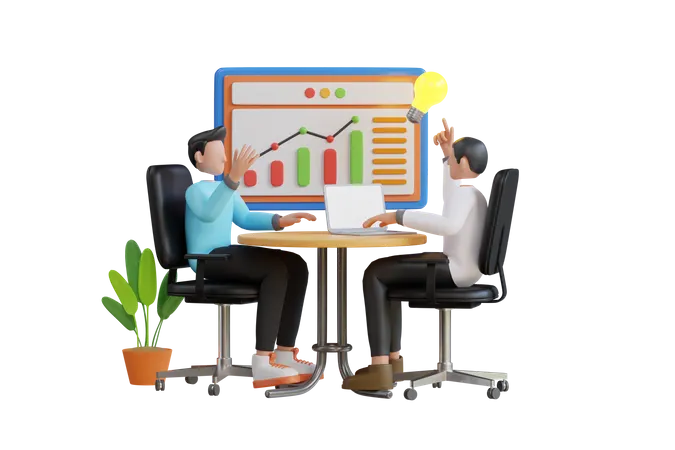 Entrenador de negocios discutiendo el cuadro de análisis de negocios.  3D Illustration