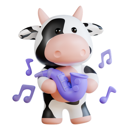 Cute Cow Playing Saxophone  3D Illustration