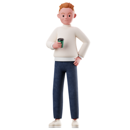Male Character Holding Coffee Cup  3D Illustration