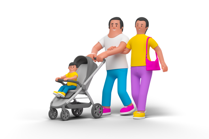 Young Family With Baby Stroller  3D Illustration
