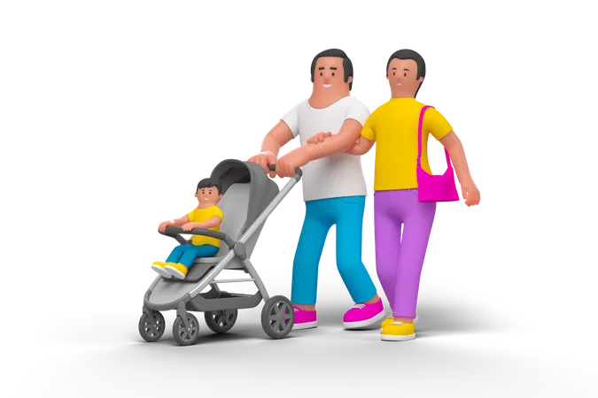 Young Family With Baby Stroller  3D Illustration